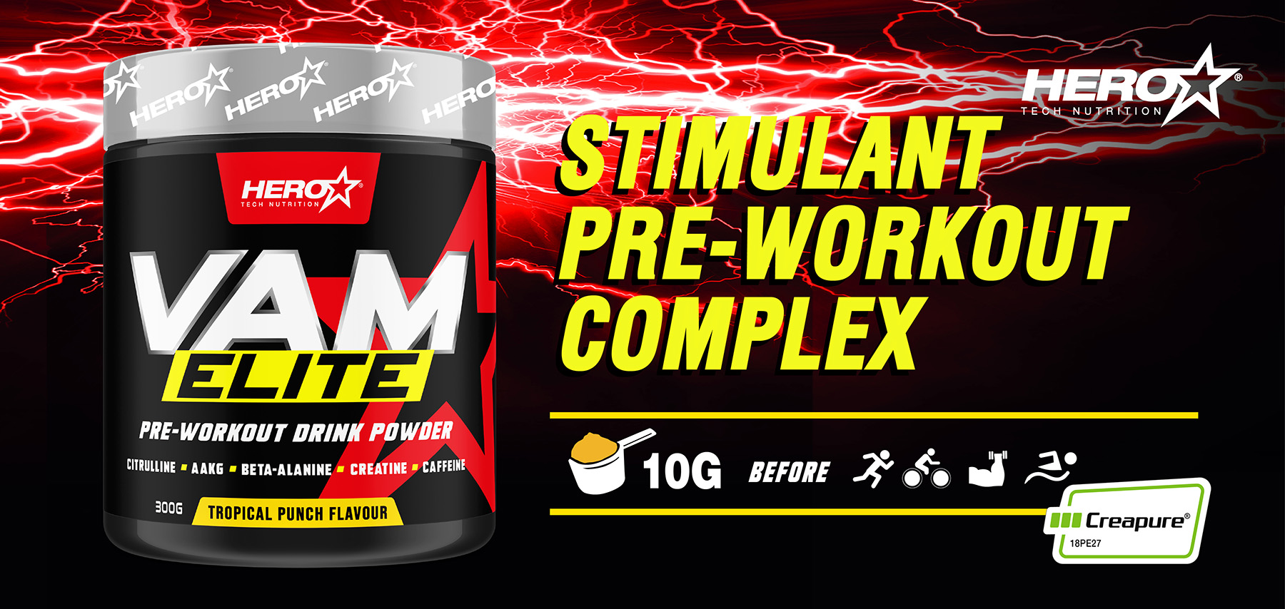 VAM ELITE STIMULATING PRE WORKOUT  HERO TECH NUTRITION herotechnutrition